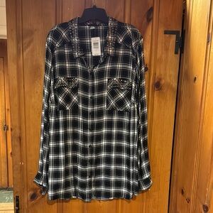 Plaid Black and White Women's Top with Studded Details